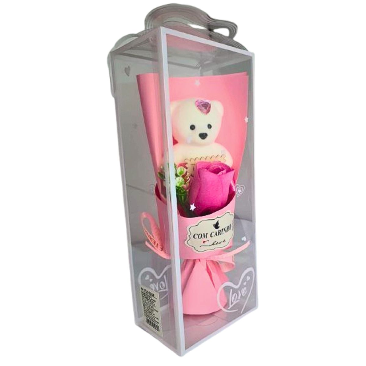 Mini Buquê De Rosa Artificial Com Ursinho Na Caixa - Rosa Mini Buquê De Rosa Artificial Com Ursinho Na Caixa - Rosa